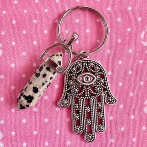 Evil Eye Spotted Jasper Hamsa Silver Keychain